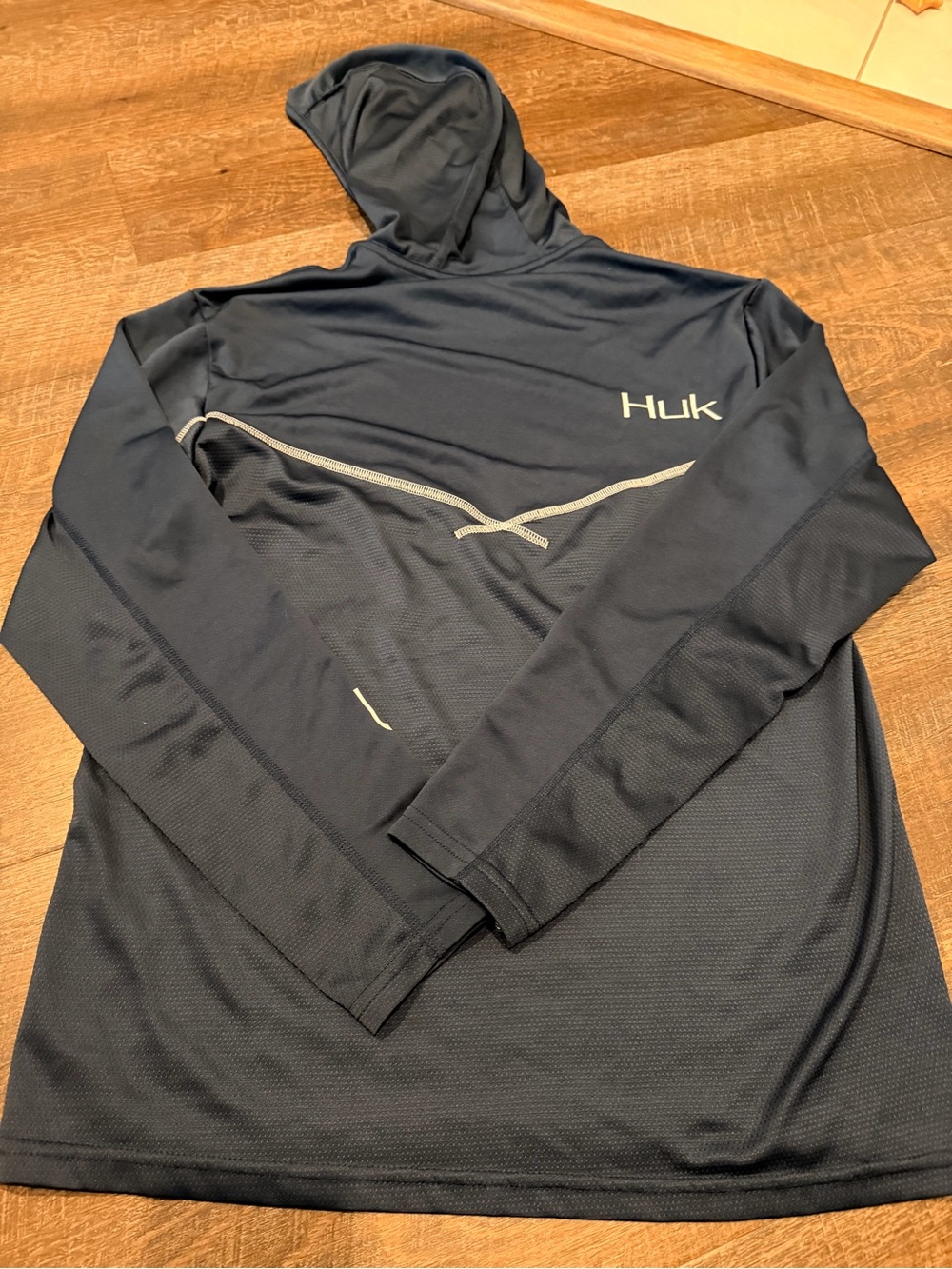 Huk Performance Fishing Hooded Long Sleeve Shirt Navy Size Small UPF - Picture 5 of 5